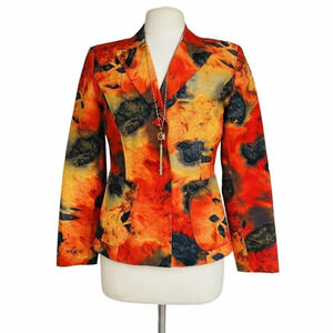 LAUREN TAYLOR Women’s Size 6 Orange Water Color Button Front Blazer